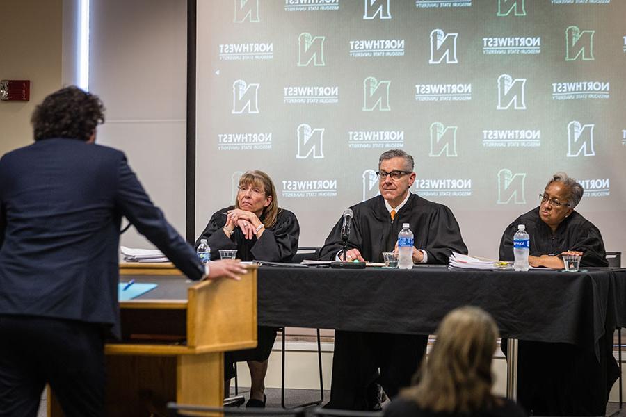 Pictured during their session at Northwest last year, three judges with the Missouri Court of Appeals, Western District, listened to oral arguments. The court will convene at Northwest again on April 9. (Photo by Lauren Adams/Northwest Missouri State University) 